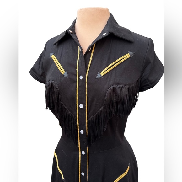Unique Vintage Black Western Dress with gold trim and fringe - Picture 3 of 4